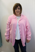 Load image into Gallery viewer, woman wearing a pink gauze long sleeve button up top on a white background