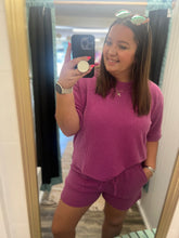 Load image into Gallery viewer, woman wearing a plum set taking a mirror selfie