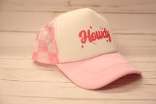 Load image into Gallery viewer, Pink and white cap with 'Howdy' text on a wooden surface
