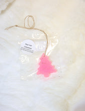 Load image into Gallery viewer, Pink Christmas tree-shaped car freshie scent red hot cinnamon in a clear bag with a label on a white background
