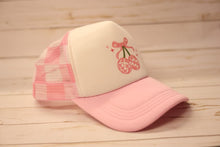 Load image into Gallery viewer, Pink and white cap with cherry design on a wooden surface
