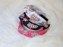Load image into Gallery viewer, Three fabric headbands pink, black and white with christmas tree cake design on white background
