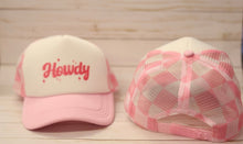 Load image into Gallery viewer, Two pink baseball caps with 'Howdy' text on a wooden surface
