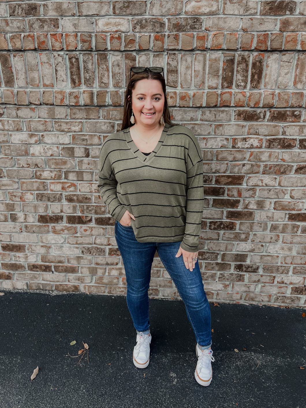 Stripe Vneck LS Knit Top