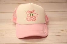 Load image into Gallery viewer, Pink and white cap with cherry design on a wooden surface

