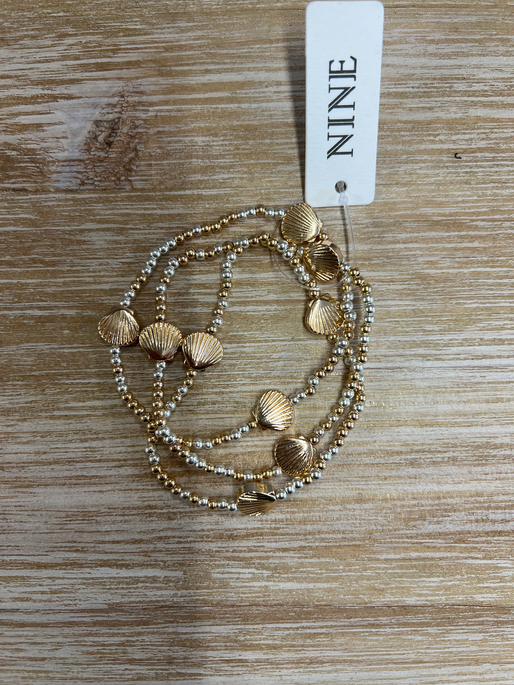 Gold Shell/ Silver and Gold Bead Bracelet /Set of 3