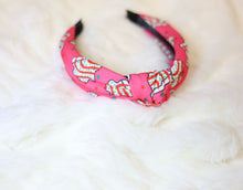Load image into Gallery viewer, Pink headband with christmas tree cake pattern on a white background
