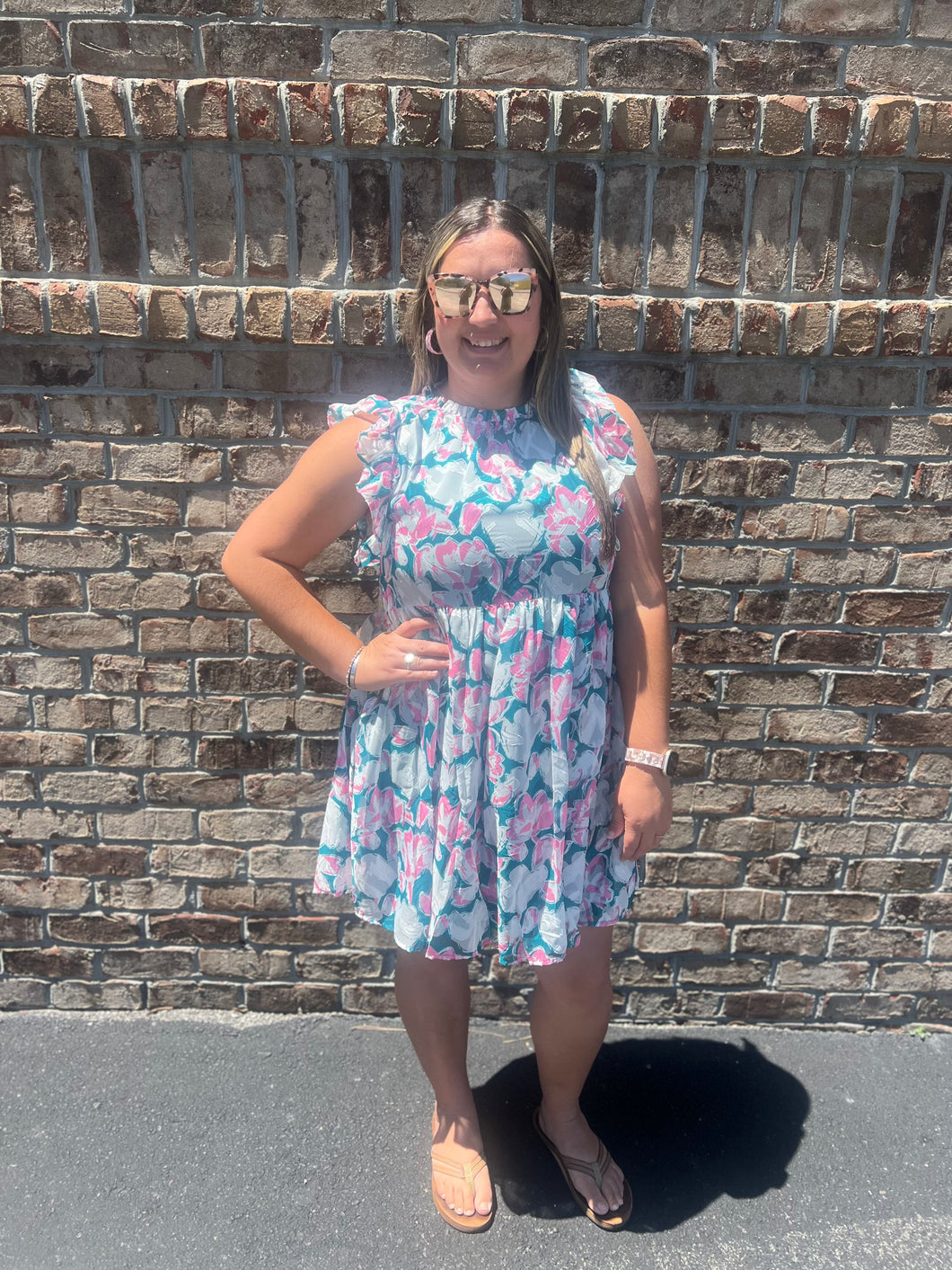 Teal/Pink Floral Ruffle Sleeve Dress